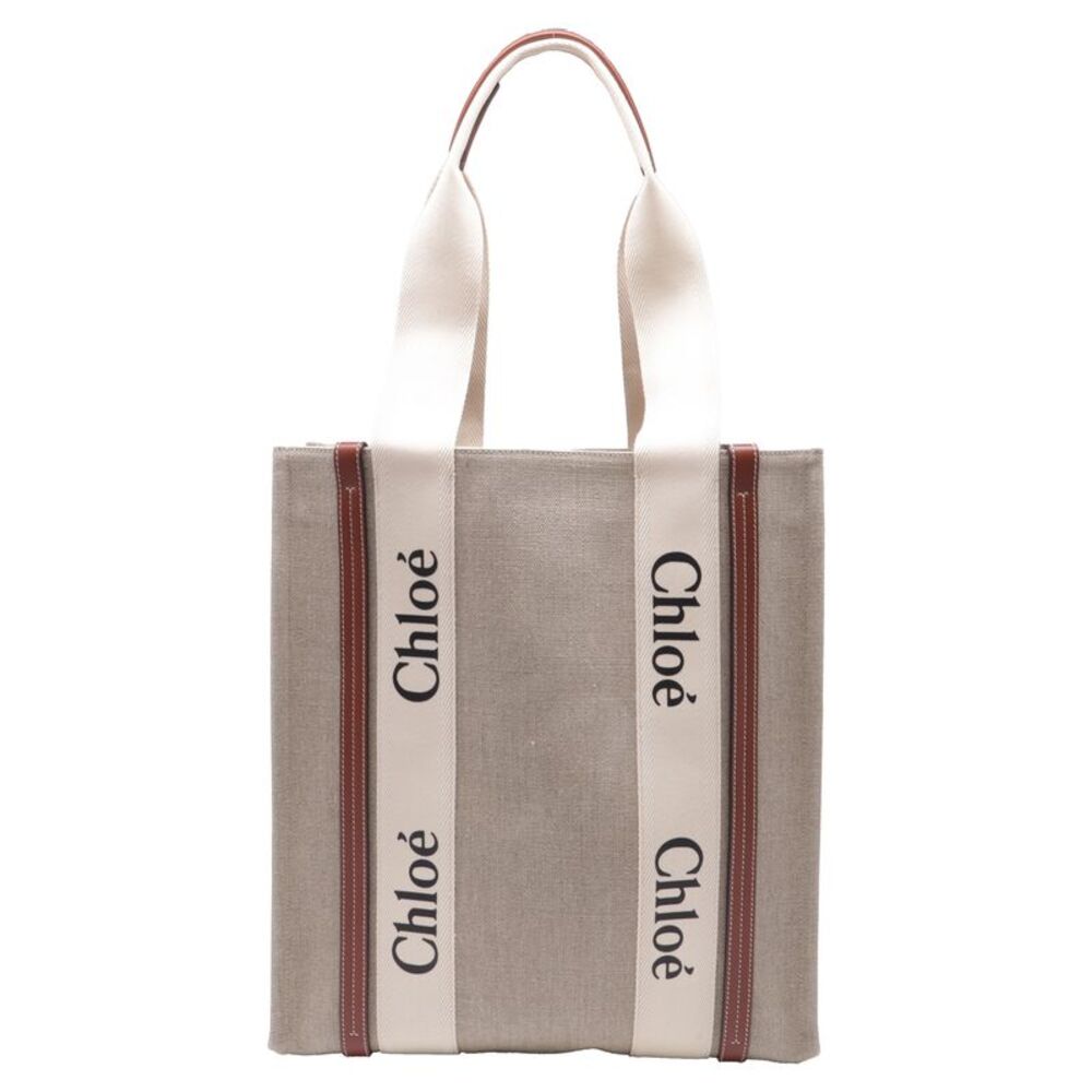 Chloé Large Woody Vertical Tote Bag in Beige Linen Canvas